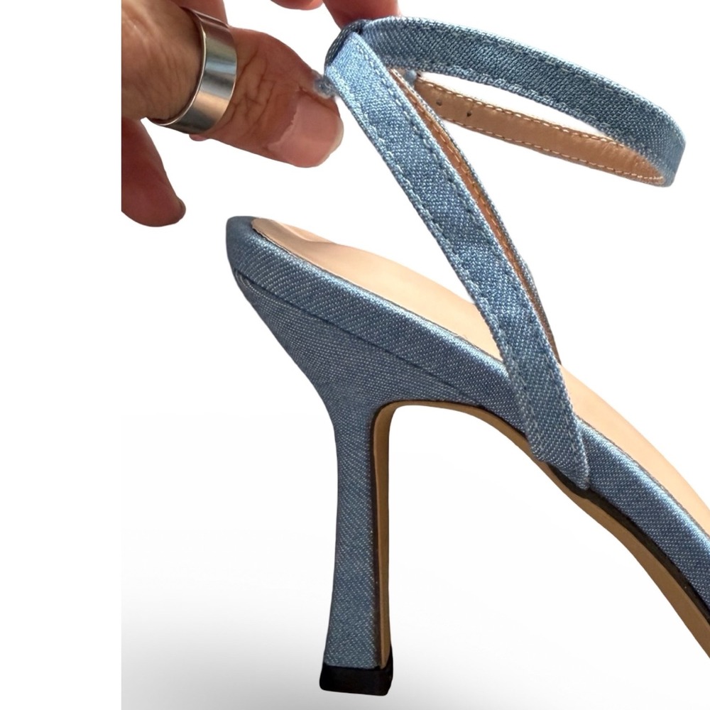 Light Blue Denim Strappy Square Toe Stiletto Heels Ankle Strap Sandals Sz 9 NEW - Picture 9 of 13